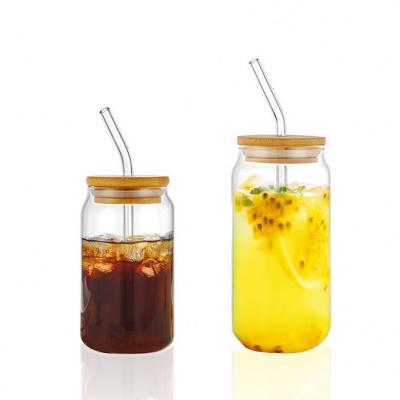 China Amazon libbey 13oz 17oz contemporary hot transparent transparent empty beer can shaped mugs glass bottle with lid and bamboo straw for sale