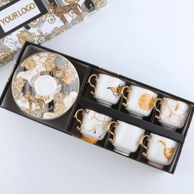 China Viable Ceramic Cups Set Wholesale Supplier Reusable Luxury Square Saucer Gift Box 6 Cups For Home Turkish Coffee Porcelain Cups for sale