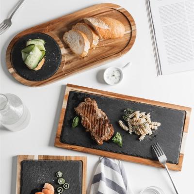 China Customized Sustainable Wooden Slate Natural Black Stone Squaer Round Plate Cheese Board Sushi Steak and Slate Dishes for Restaurant for sale