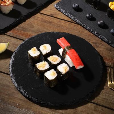 China Natural Viable Fancy Round Rock Stone Serving Sushi Steak Restaurant Dinner Dish Tray Slate Cheese Platter Board Black for sale