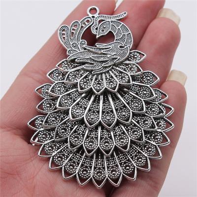 China Vintage 10pcs/bag 56x79mm Antique Silver Plated Zinc Alloy Peacock Charms Pendants ABD-C13483 for sale