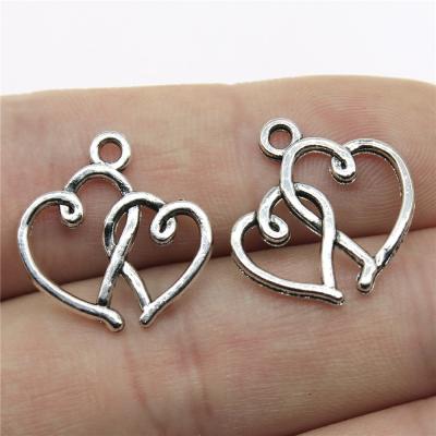 China Vintage 200pcs/bag 19x19mm Antique Silver Plated Bronze Plated Zinc Alloy Hearts 2 Charms Pendants ABD-C10058 for sale