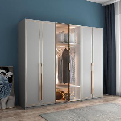 China Luxury Minimalist Convertible Modern Wardrobe Large Glass Door Bedroom 2.4m 6 Door Wood Wardrobe for sale