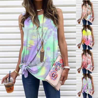 China QUICK DRY Fashion Printed T Shirts Women Loose Gradient Tie Dye Print Twisted Summer Women Sleeveless T Shirt for sale