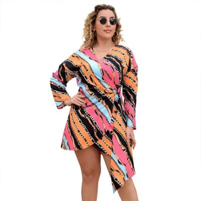 China Anti-wrinkle color plus size fashion printing long sleeve women's short lace-up casual dress for sale