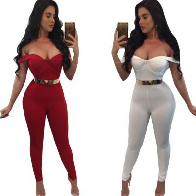 China Popular QUICK DRY homecoming promotion bargain rf solid color bodycon sexy off-shoulder zipper with belt women one-piece jumpsuit for sale