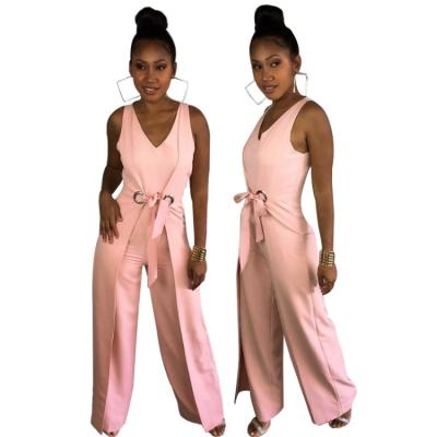 China China Wholesale Fashion Supplier QUICK DRY Stylish Clearance Pink V-Neckline With Waistbant Lace Up Office Ladies Short Sleeve Overalls for sale