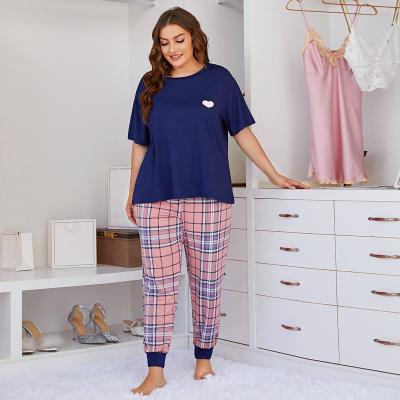 China OEM ODM 2022 Breathable Plus Size Print Polyester Blue Custom Plaid Print Polyester Short Sleeve Nightgowns Nightgowns Lady Women Sleepwear Short Pajama Set for sale