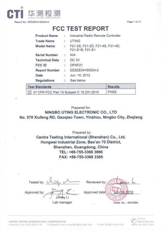  - NINGBO YOUTE ELECTRIC CO.LTD