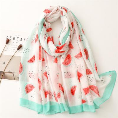 China Soft Soft Feeling 2022 Latest Spring Designs Watermelon Print Cotton Voile Scarf Summer Stoles Fashion Women Long Lightweight Cotton Printed Shawl for sale