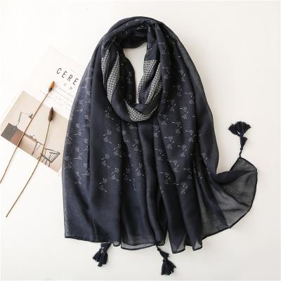 China Soft Touch Feeling Wholesale New Design Muslim Hijab For Women 100% Cotton Viscose Printed Scarf With Tassels Lady Navy Cotton Hijabs Black Scarves for sale