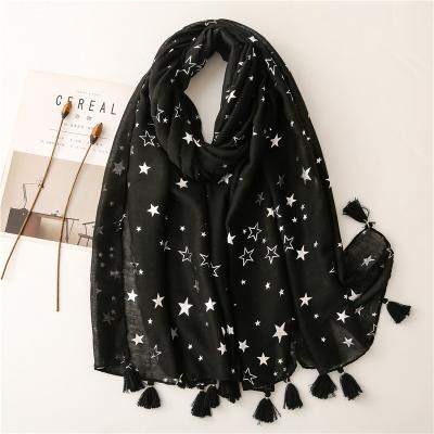 China Wholesale Cotton Scarves Women Soft Touch Feeling Solid Color Muslim Hijab Shawls Shape Silver Star Print Glitter Shimmer Black Head Wrap Scarf for sale