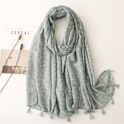 China Wholesale 2021 New Design European American Simple Blue Cotton Viscous Printed Wide Scarf Shawls Fashion Floral Print Scarves For Women Hijabs Long for sale