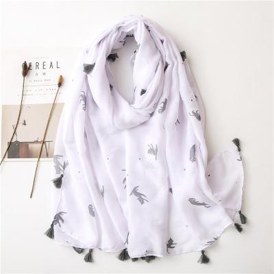 China Wholesale Newest Arrival Plain White Cotton Wearing Shawls Accessory For Women Hijabs Cotton Cat Premium Animal Pattern Printed Scarf With Tassels for sale