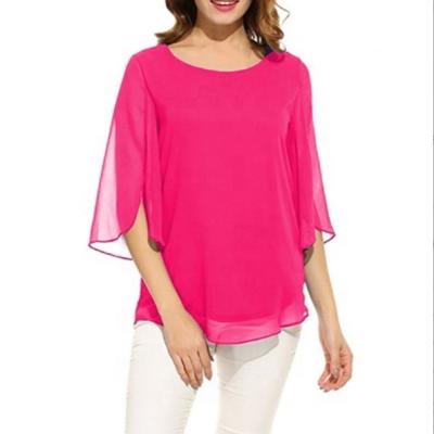 China Cheap Price Women Chiffon Blouse Shirt Anti-Pilling Scoop Neck Casual 3/4 Sleeve Loose Tops for sale