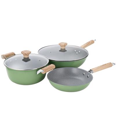 China Sustainable green beech wood handle fry pan saucepot cookware household items set non-stick pan and pot for sale