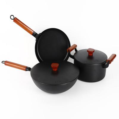 China Sustainable Kitchen Accessories Iron Cookware Set 3 Pieces Non Stick Cooking Pot Fry Pan Casserole Kitchen Wholesale Items for sale