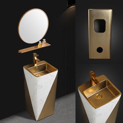 China Ceramic Type Square Modern Ceramic Gold Color Pedestal Wash Basin Bathroom WC Basin Sink Original Design Original Shape for sale