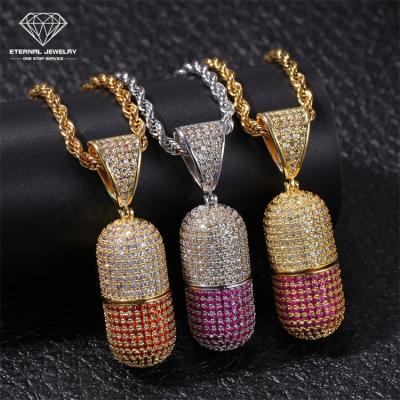 China Romantic Hip Hop Pill Form S925 Thin Yellow White Gold Moissanite Diamond Gem Pendant Necklace Silver 9k 10k 14k 18k for sale