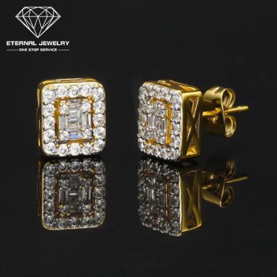 China Retro Romantic Hip Hop Square Wand Iced Out S925 Yellow White Moissanite Thin Gold Diamond Earrings Ear Studs Silver 9k 10k 14k 18k for sale