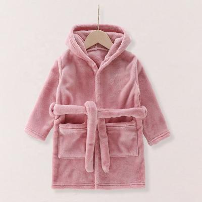 China Winter Clothes Solid Color Bathrobe Flannel Fabric Kids Thermal Hooded Bathrobe for sale