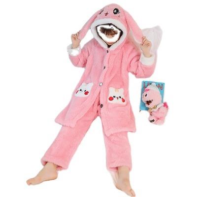 China Cartoon Dress Kids Pajamas Hoodie Girls Thermal Pajamas Set Home Clothes Coral Fleece for sale