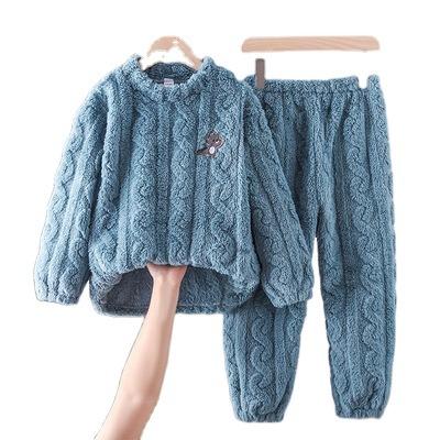 China Winter thermal children's pajamas coral velvet thickened plus velvet pajamas set solid color jacquard for sale