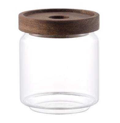 China Acacia Glass Bean Tea Jar Transparent Wood Storage Boxes Viable Coffee Snack Storage & Round Home Restaurant Hotel Food Container Bins for sale