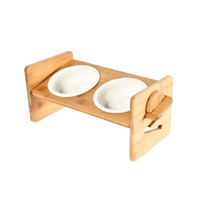 China Sustainable Adjustable Bamboo Raised Dog Cat Bowls Food And Water Stand High Feeder for sale