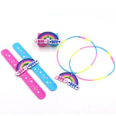 China PVC New Arrival Promotional PVC Toys BBF Set Colorful Rainbow Hair Clip Girls Bracelet Toy Key Chain Toy Necklace For Kids for sale