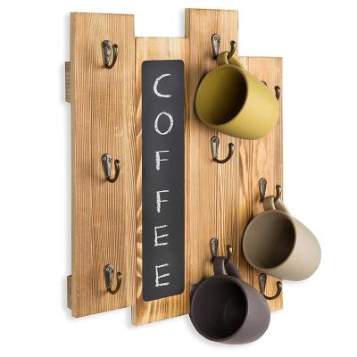 China Sustainable Decorative Burnt Wood Wall Mounted 9-Hook Coffee Cup Holder With Chalkboard for sale