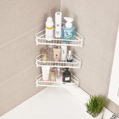 China Wholesale Sustainable Adhesive Corner Trolley Shower Shelf With 2 Movable Hooks Bathroom Storage Kitchen Wall Mounted Organizer Rack No for sale