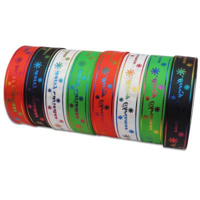 China Double Faced 25 Yards Merry Christmas Retail Wrapping Ribbon With Silver Gold Hot Stamping Printed Ribbon for sale