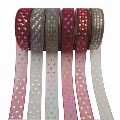 China Viable Wholesale Luxury Star Gold Foil Printing Tulle Ribbon Sheer Organza Ribbon Printed 5/8 Inch For Gift Box for sale