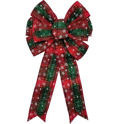 China Green Burlap Ribbon 22*40cm /Red Edge Burlap Tartan Cable Ribbon With White Snowflake Cable Christmas Tree Topper Bow for sale