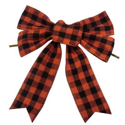 China Viable Wholesale Black Orange Buffalo Plaid Wired Christmas Ribbon Edged Bow For Christmas Tree 12.5*17.5cm for sale