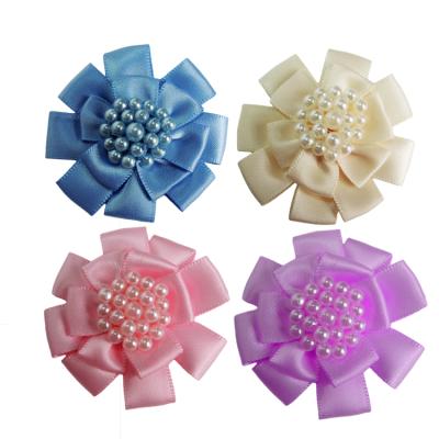 China 100% polyester 2018 new 6cm custom handmade pearl center ribbon flowers with magnet for sale