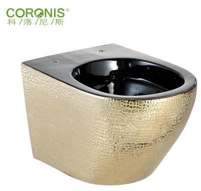 China Modern Luxury Black And Gold Color Bathroom Ceramic Rimless Wall Mounted Toilet Bowl for sale