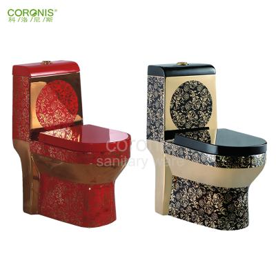 China Luxury Golden Red Colored Ceramic Toilet Bowl Double-flush Sanitary Ware for sale