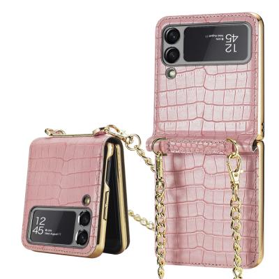 China 2021 Shockproof Times Chain Beauty Mirror Phone Case Leather Case For Samsung Galaxy Z Flip 5g X Women Case With Chain Phone Cover for sale