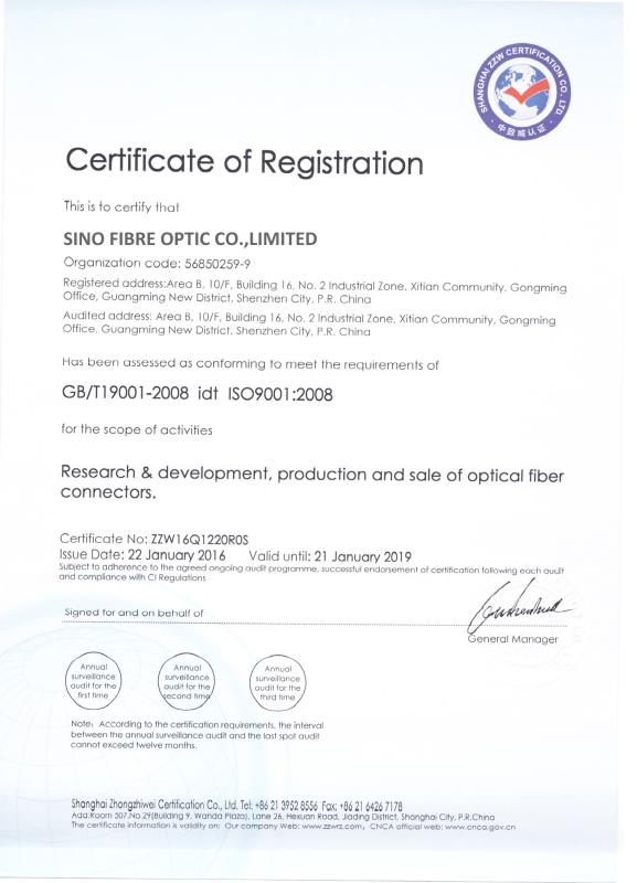 ISO9001:2008 - Sino Fibre Optic Co.,Limited