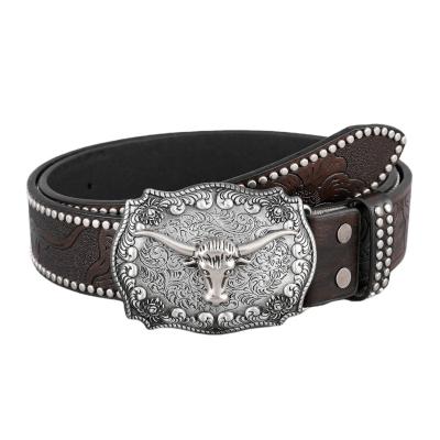 China Unisex Vintage Cow Head Embossed PU Leather Belt with Buckle Fastening Western Rivet Belt for sale