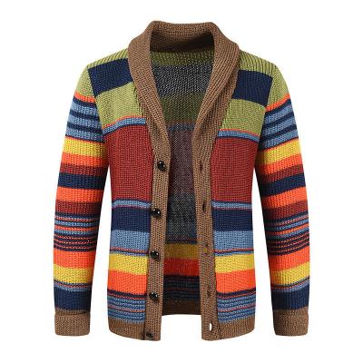 China Men's Rainbow Sweater Coat Autumn and Winter Lapel Color Knit Cardigan Top Performance for sale