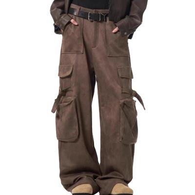 China Loose Straight Leg Casual Trousers for Men Vintage Multi-Pocket Deerskin Overalls for sale