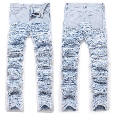 China Mid Waist Destroyed Washed Denim Straight Leg Jeans Men's Pants Trousers for sale