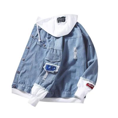 China Men's Denim Two-Piece Street Varsity Windbreaker Outfits with Chenille Letter Patches for sale