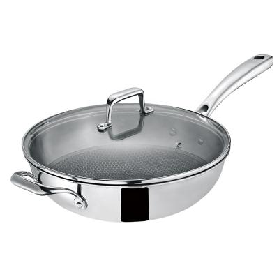 China Durable Long Handle Three-Layer Stainless Tempered Glass Plated Steel Lid Pan Cookware Frying for sale