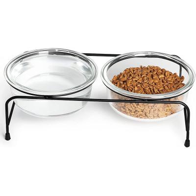 China High iron glass cat or small dog bowls with step up metal stand and non-slip bottom for pet food and water dishes for sale