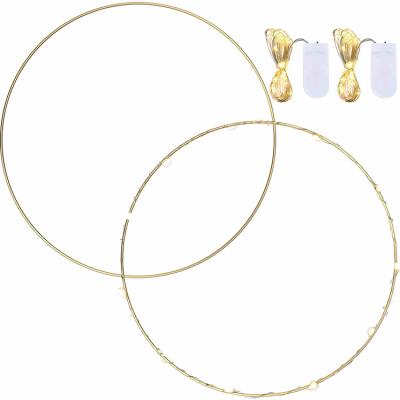 China Metal 2 Pack 12 Inch Large Gold Metal Circle Macrame Floral Rings with 2 Piece Fairy Lights for Wedding Garland Decor for sale