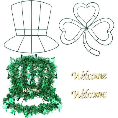 China St Patrick's Metal Wreath Frame Irish Green Lucky Clover Hanging Door Sign Shamrock Wire Garland Hat Door Hanger With Wel 30*30cm for sale